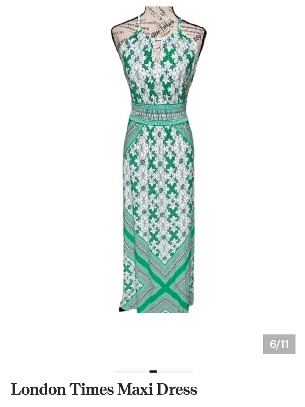 London Times Green and White Floral Halter Maxi Dress
